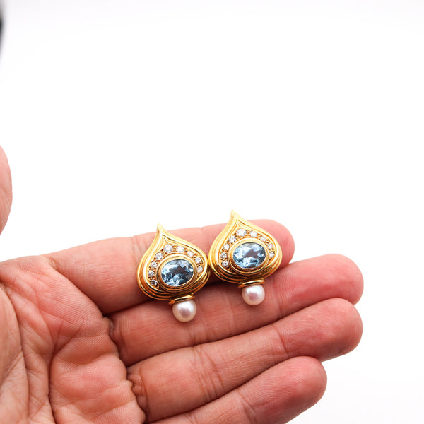 ELIZABETH GAGE England Clips Earrings In 18Kt Gold With Diamonds, Topaz & Pearls