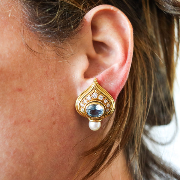 ELIZABETH GAGE England Clips Earrings In 18Kt Gold With Diamonds, Topaz & Pearls