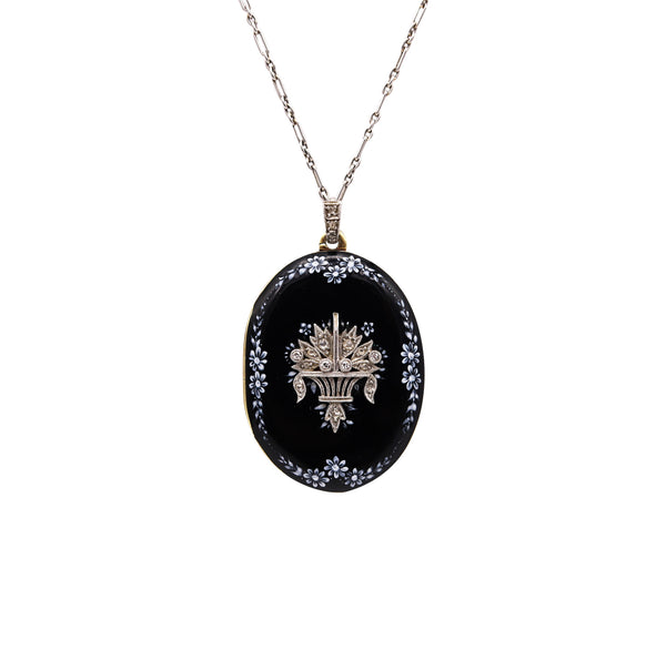 -Cartier 1900 Edwardian Enameled Locket Necklace In 14Kt Gold With Diamonds