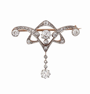 EDWARDIAN 1905 Belle Epoque Brooch In 18Kt Gold platinum With 2.74 Ctw In Diamonds