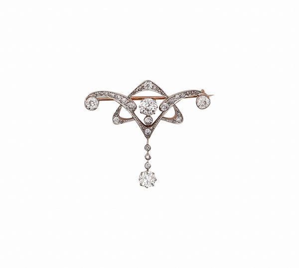 EDWARDIAN 1905 Belle Epoque Brooch In 18Kt Gold platinum With 2.74 Ctw In Diamonds