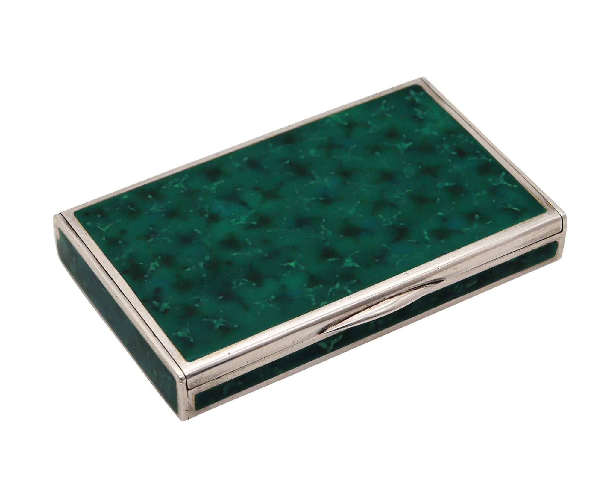 LOUIS KUPPENHEIM 1925 Trompe L'œil Malachite Enameled Box In .935 Sterling Silver