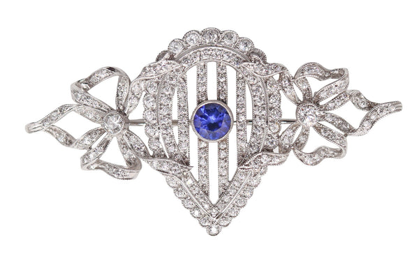 J.E. CALDWELL 1910 Edwardian Brooch In Platinum With Diamonds & Sapphire
