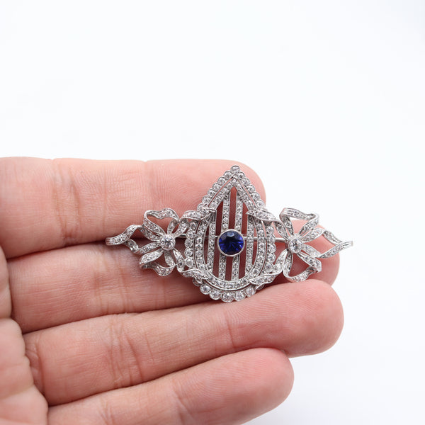 J.E. CALDWELL 1910 Edwardian Brooch In Platinum With Diamonds & Sapphire