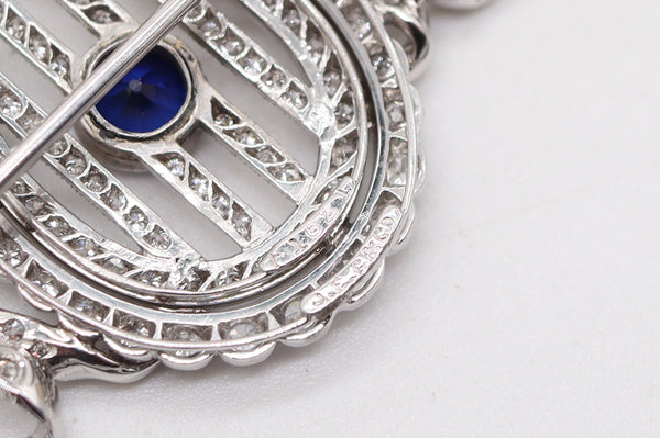 J.E. CALDWELL 1910 Edwardian Brooch In Platinum With Diamonds & Sapphire