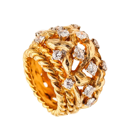 ITALIAN Twisted Woven Knots Cocktail Ring In 18Kt Gold With 1.82 Ctw Diamonds