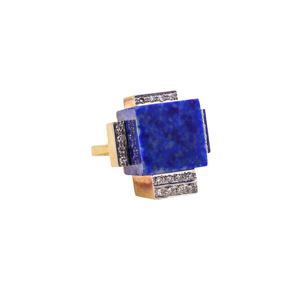 ROGER LUCAS 1970 Cubism Geometric Ring In 18Kt Gold With Lapis & Diamonds