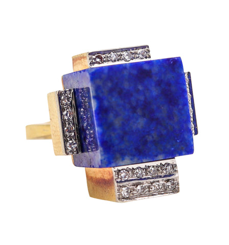 ROGER LUCAS 1970 Cubism Geometric Ring In 18Kt Gold With Lapis & Diamonds