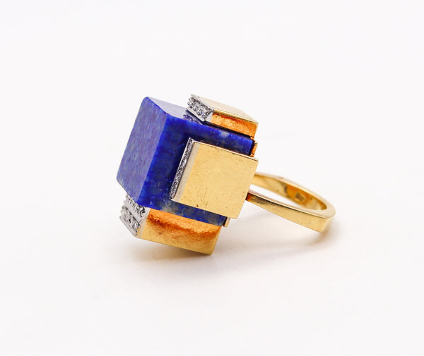 ROGER LUCAS 1970 Cubism Geometric Ring In 18Kt Gold With Lapis & Diamonds