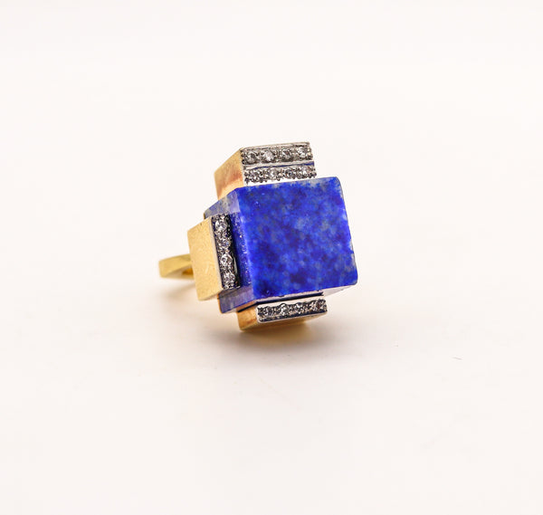 ROGER LUCAS 1970 Cubism Geometric Ring In 18Kt Gold With Lapis & Diamonds