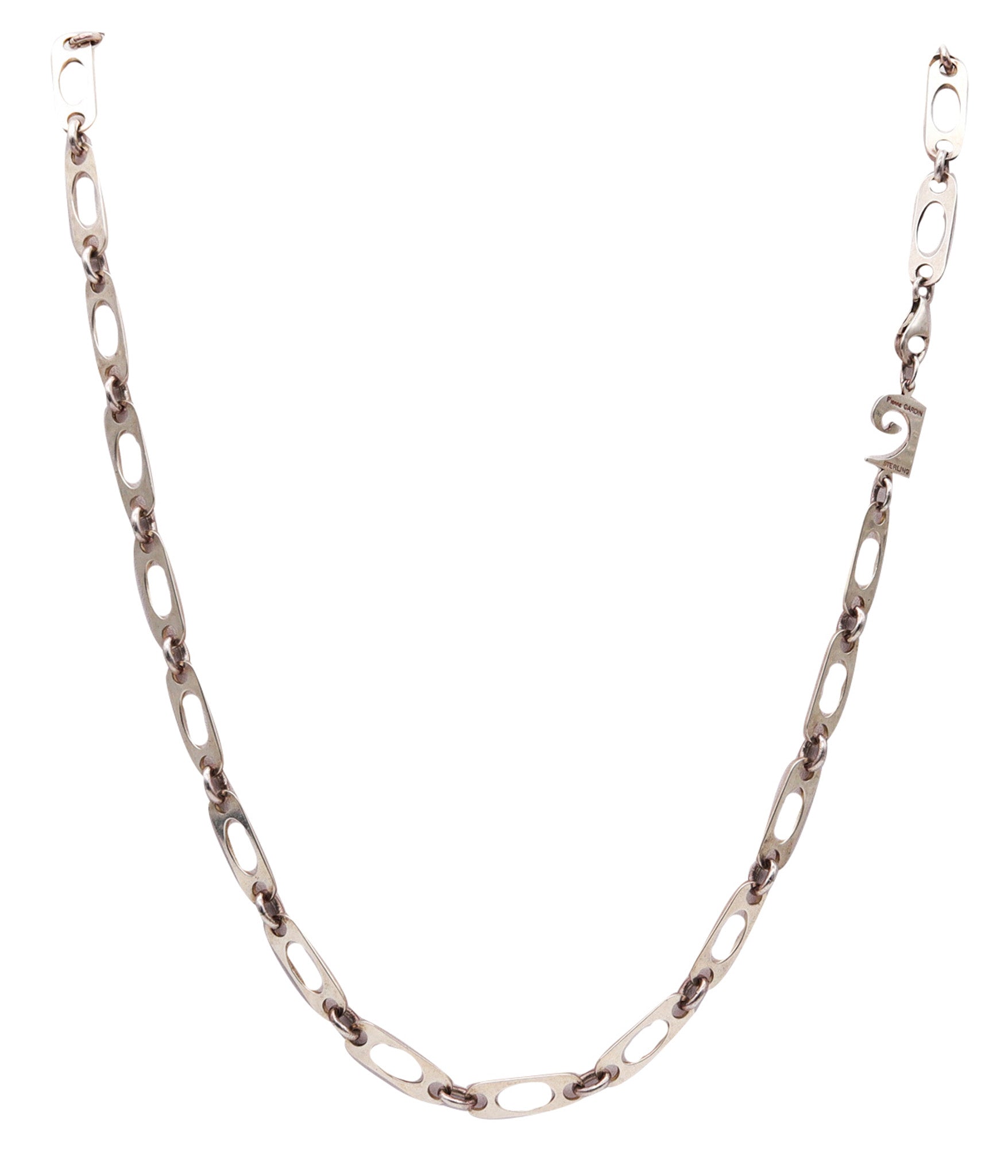 -Pierre Cardin 1970 Paris Geometric Long Necklace Chain In .925 Sterling Silver