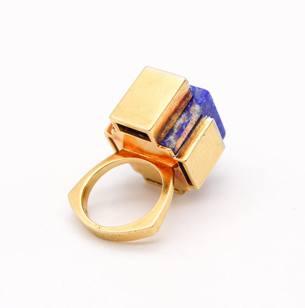 ROGER LUCAS 1970 Cubism Geometric Ring In 18Kt Gold With Lapis & Diamonds