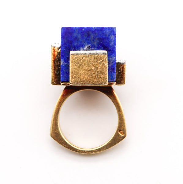 ROGER LUCAS 1970 Cubism Geometric Ring In 18Kt Gold With Lapis & Diamonds