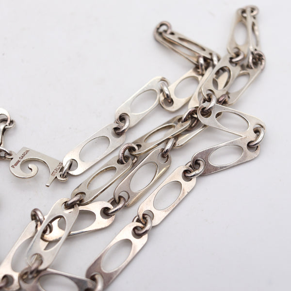 -Pierre Cardin 1970 Paris Geometric Long Necklace Chain In .925 Sterling Silver