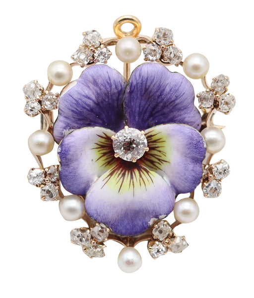 EDWARDIAN 1900 Enameled Pansy Flower Pendant-Brooch 18Kt Gold Pearls & Diamonds