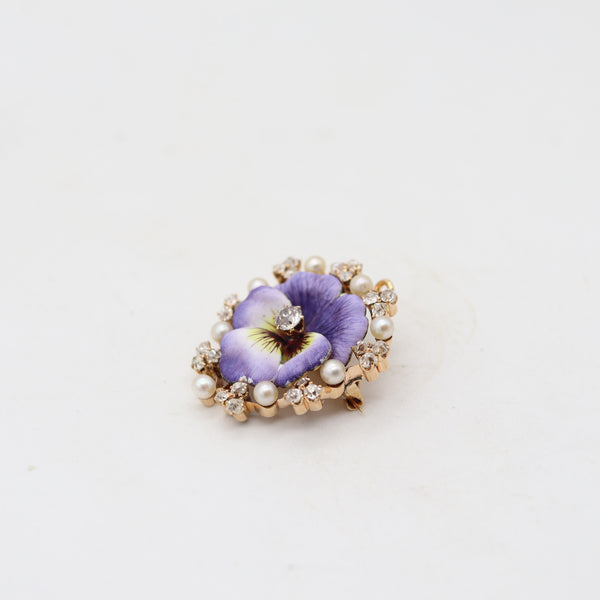 EDWARDIAN 1900 Enameled Pansy Flower Pendant-Brooch 18Kt Gold Pearls & Diamonds