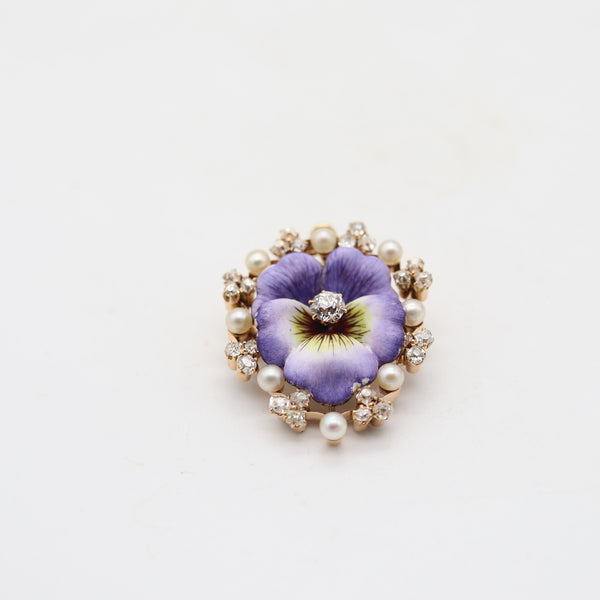 EDWARDIAN 1900 Enameled Pansy Flower Pendant-Brooch 18Kt Gold Pearls & Diamonds