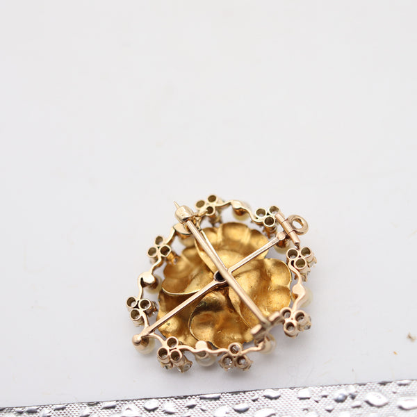 EDWARDIAN 1900 Enameled Pansy Flower Pendant-Brooch 18Kt Gold Pearls & Diamonds