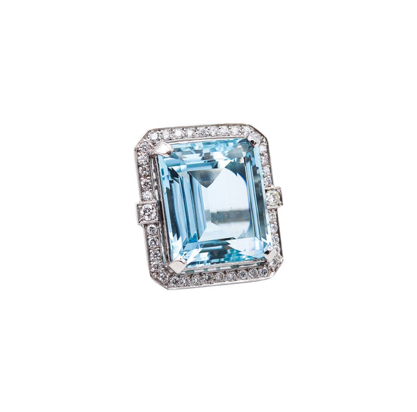 ART DECO 1930 Cocktail Ring In Platinum With 33.72 Ctw Aquamarine & Diamonds