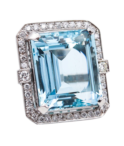 ART DECO 1930 Cocktail Ring In Platinum With 33.72 Ctw Aquamarine & Diamonds