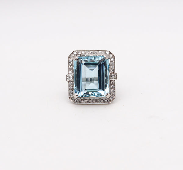 ART DECO 1930 Cocktail Ring In Platinum With 33.72 Ctw Aquamarine & Diamonds