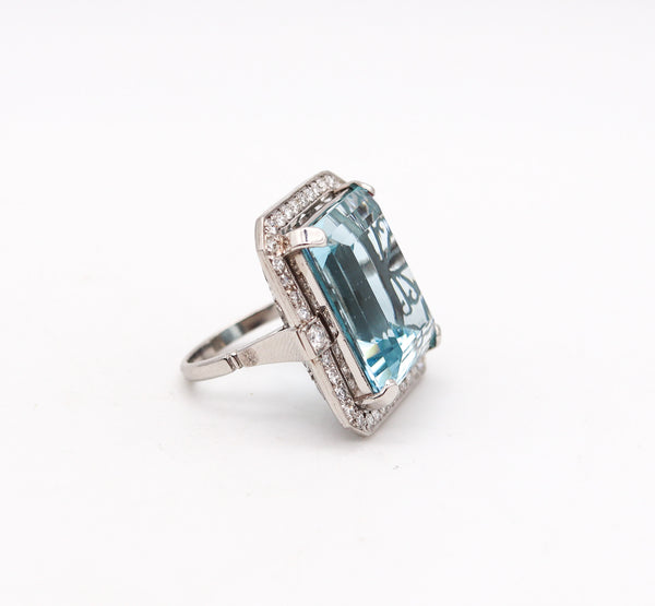 ART DECO 1930 Cocktail Ring In Platinum With 33.72 Ctw Aquamarine & Diamonds