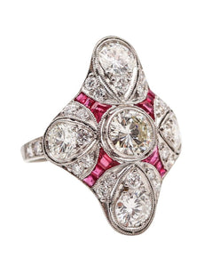 ART DECO 1930 Cocktail Ring In Platinum With 2.82 Ctw Diamonds And Rubies