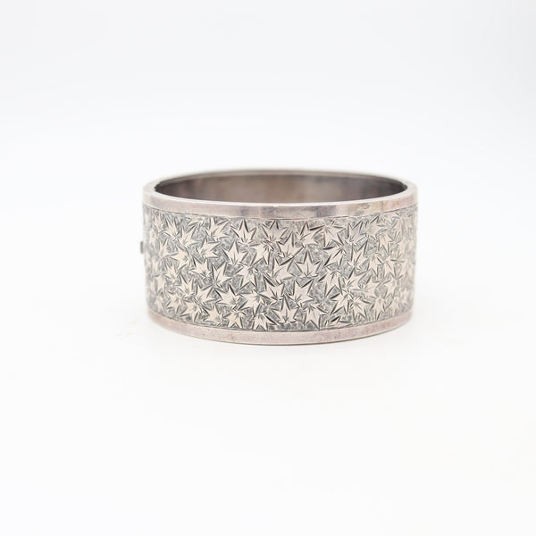 VICTORIAN 1890 Bangle Bracelet In .900 Sterling Silver With Foliage Patterns
