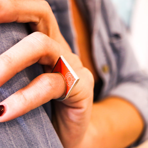 -Hermes Paris 1980 Geometric Ring In Solid .925 Sterling Silver With Orange Enamel