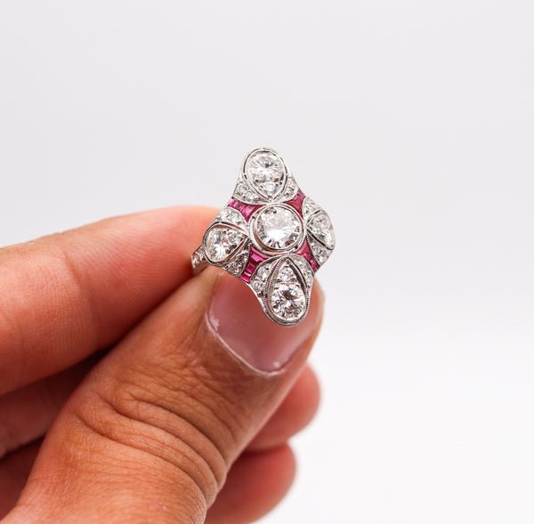 ART DECO 1930 Cocktail Ring In Platinum With 2.82 Ctw Diamonds And Rubies