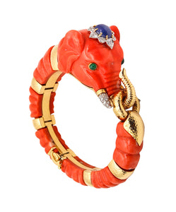 DAVID WEBB Carved Coral Elephant Bracelet 18Kt Gold Platinum Diamonds & Sapphire