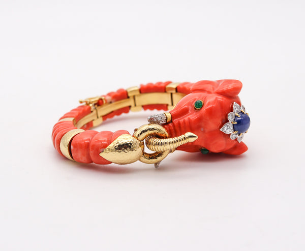 DAVID WEBB Carved Coral Elephant Bracelet 18Kt Gold Platinum Diamonds & Sapphire