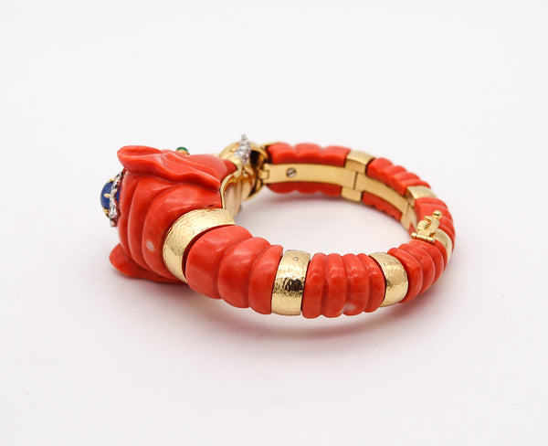 DAVID WEBB Carved Coral Elephant Bracelet 18Kt Gold Platinum Diamonds & Sapphire