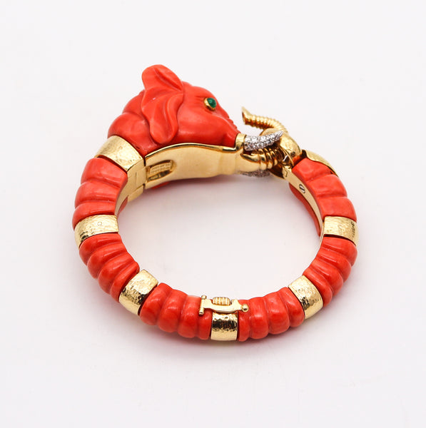 DAVID WEBB Carved Coral Elephant Bracelet 18Kt Gold Platinum Diamonds & Sapphire