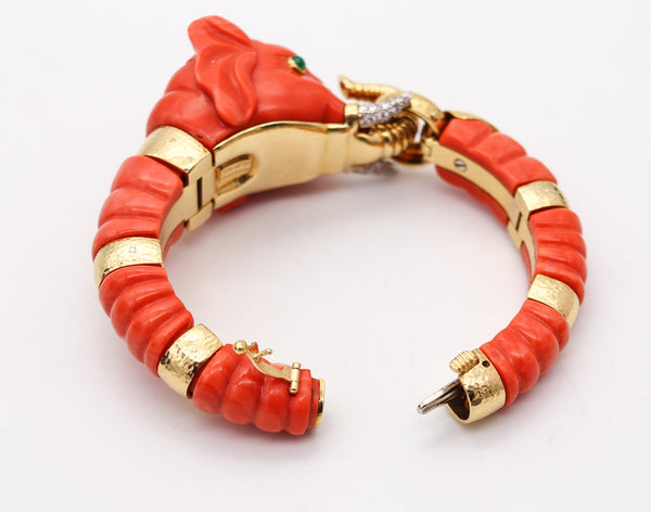 DAVID WEBB Carved Coral Elephant Bracelet 18Kt Gold Platinum Diamonds & Sapphire