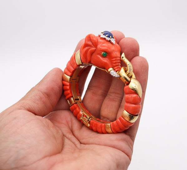 DAVID WEBB Carved Coral Elephant Bracelet 18Kt Gold Platinum Diamonds & Sapphire