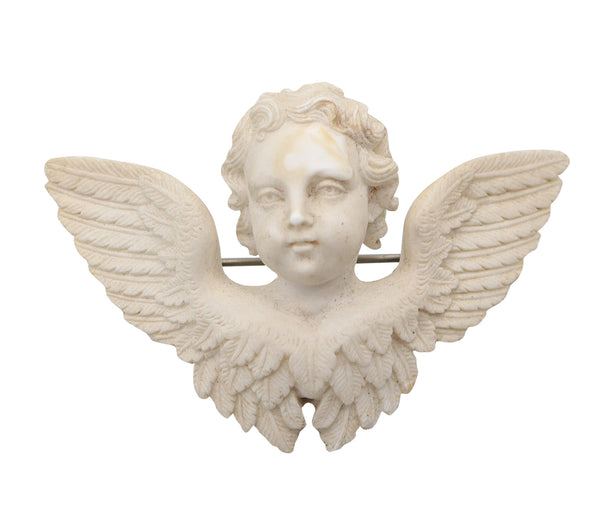 RENAISSANCE Revival 1860 Italian-Naples Winged Putti Brooch In White Lava