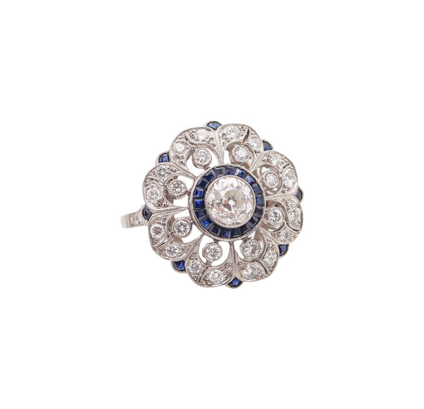 ART DECO 1930 Round Ring In Platinum With 1.75 Ctw In Diamonds & Sapphires