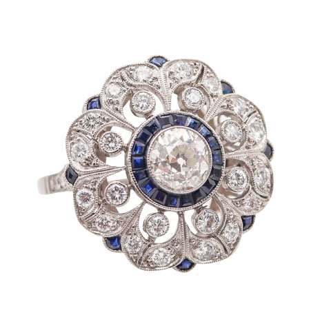 ART DECO 1930 Round Ring In Platinum With 1.75 Ctw In Diamonds & Sapphires