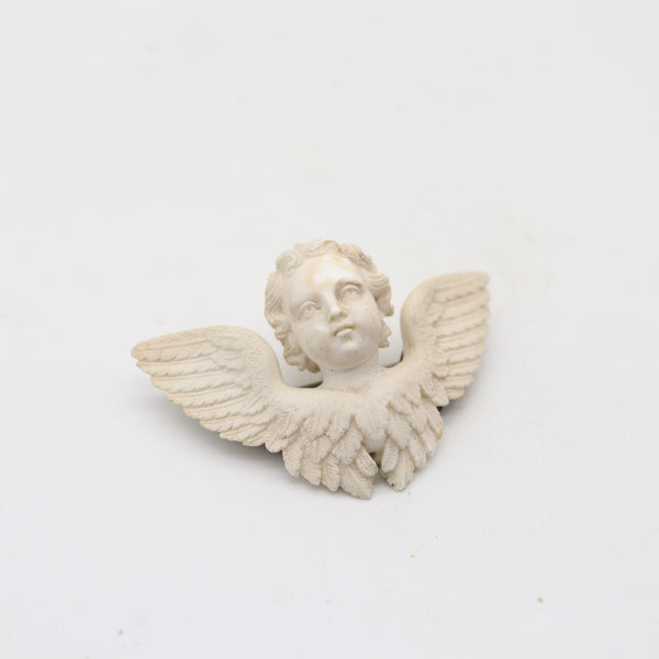 RENAISSANCE Revival 1860 Italian-Naples Winged Putti Brooch In White Lava