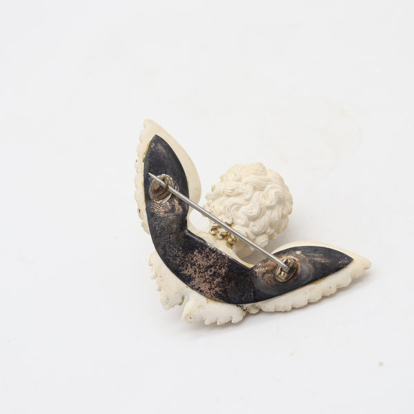 RENAISSANCE Revival 1860 Italian-Naples Winged Putti Brooch In White Lava