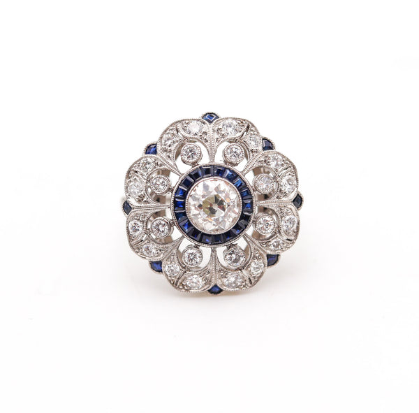 ART DECO 1930 Round Ring In Platinum With 1.75 Ctw In Diamonds & Sapphires