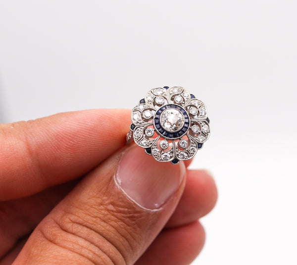 ART DECO 1930 Round Ring In Platinum With 1.75 Ctw In Diamonds & Sapphires