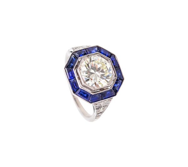 ART DECO 1930 Octagonal Ring In Platinum With 3.86 Ctw In Diamonds & Sapphires