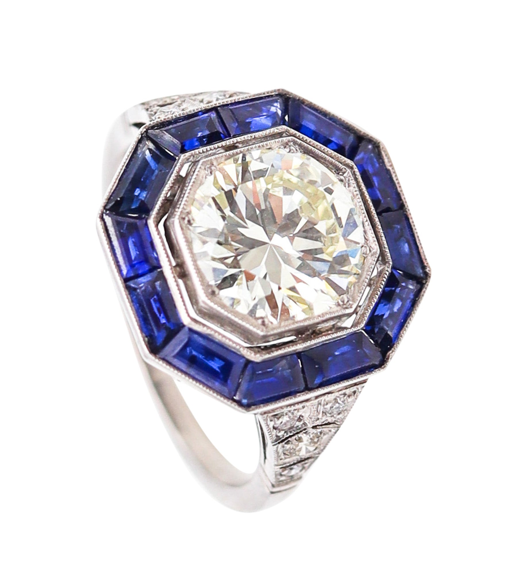 ART DECO 1930 Octagonal Ring In Platinum With 3.86 Ctw In Diamonds & Sapphires