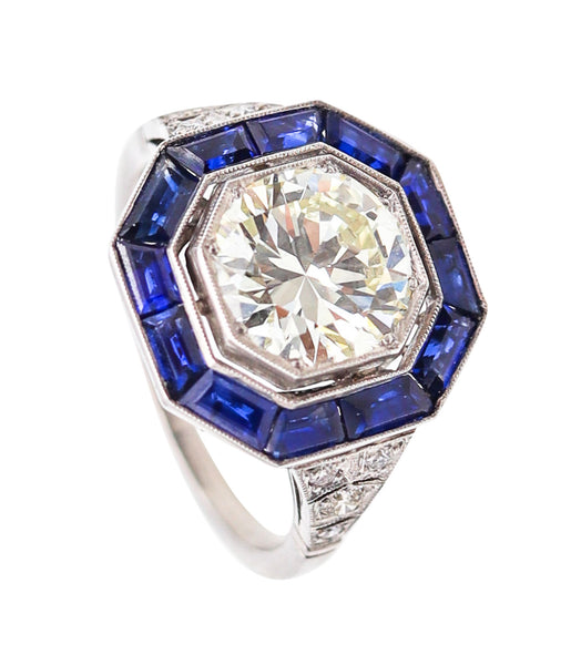 ART DECO 1930 Octagonal Ring In Platinum With 3.86 Ctw In Diamonds & Sapphires