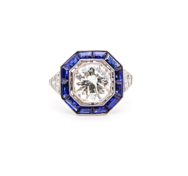 ART DECO 1930 Octagonal Ring In Platinum With 3.86 Ctw In Diamonds & Sapphires