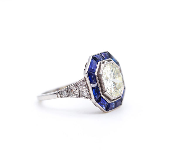 ART DECO 1930 Octagonal Ring In Platinum With 3.86 Ctw In Diamonds & Sapphires