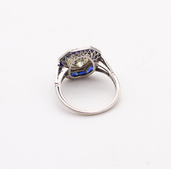 ART DECO 1930 Octagonal Ring In Platinum With 3.86 Ctw In Diamonds & Sapphires