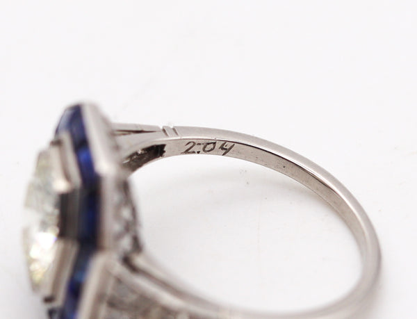 ART DECO 1930 Octagonal Ring In Platinum With 3.86 Ctw In Diamonds & Sapphires